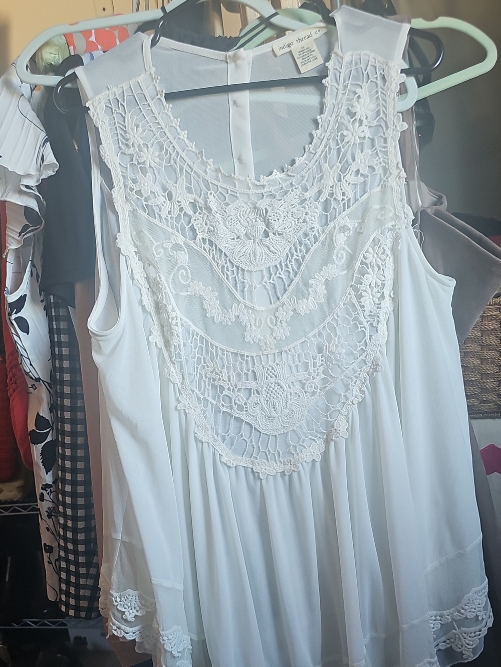 Indigo Thread Co. Crochet Yoke White Sleeveless Women’s Top
